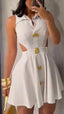 Adelheid Collared Gold-Button Side-Cutout Sleeveless A-Line Mini Dress