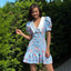 Gisella Floral Collared Puff-Sleeve Pearl-Button Ruffle Mini Dress