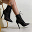2025 New Black Mature Mesh Women Boots High Heel Pumps Floral Lace-Up Thin High Heels Ankle Pointed Toed Party Wedding Shoes