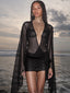 Ilvana Sheer Mesh Plunge Wrap Bell-Sleeve Backless Mini Dress