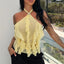 hirigin Women Halter Neck Ruffle Mesh Top Sexy Sheer See Through Backless Blouse with Rhinestone Buckle for Club Party Night Out