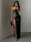 Theodosia Strapless Sequin Ruched Slit Maxi Gown