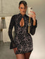 Pearl Lace Keyhole Flare-Sleeve Mini Dress