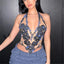 Flora Sheer Floral Embroidered Halter Backless Tie Cami Top