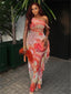 Raina Printed Sheer Asymmetrical Maxi Dress