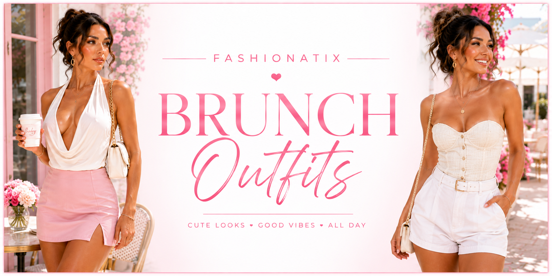 Fashionatix Brunch Outfits collection banner with two models in polished daytime looks on a white and light pink café background