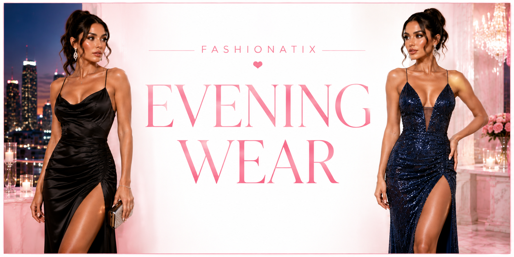 Fashionatix Evening Wear collection banner with two models in elegant evening gowns on a white and light pink background