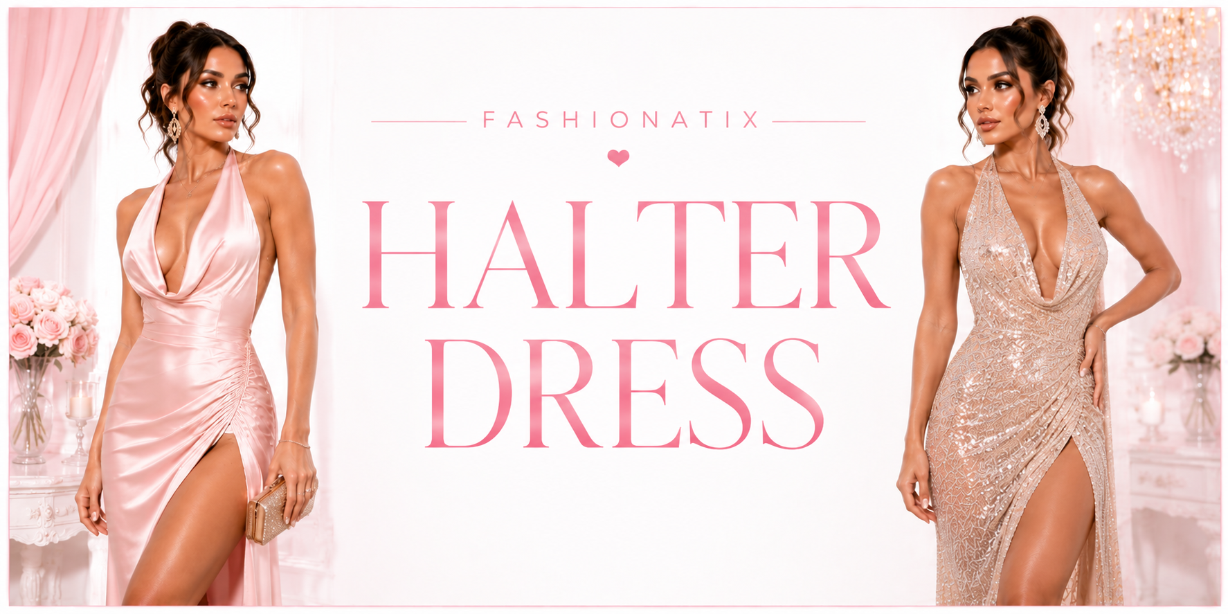 Fashionatix Halter Dress collection banner with two models in elegant halter dresses on a white and light pink background