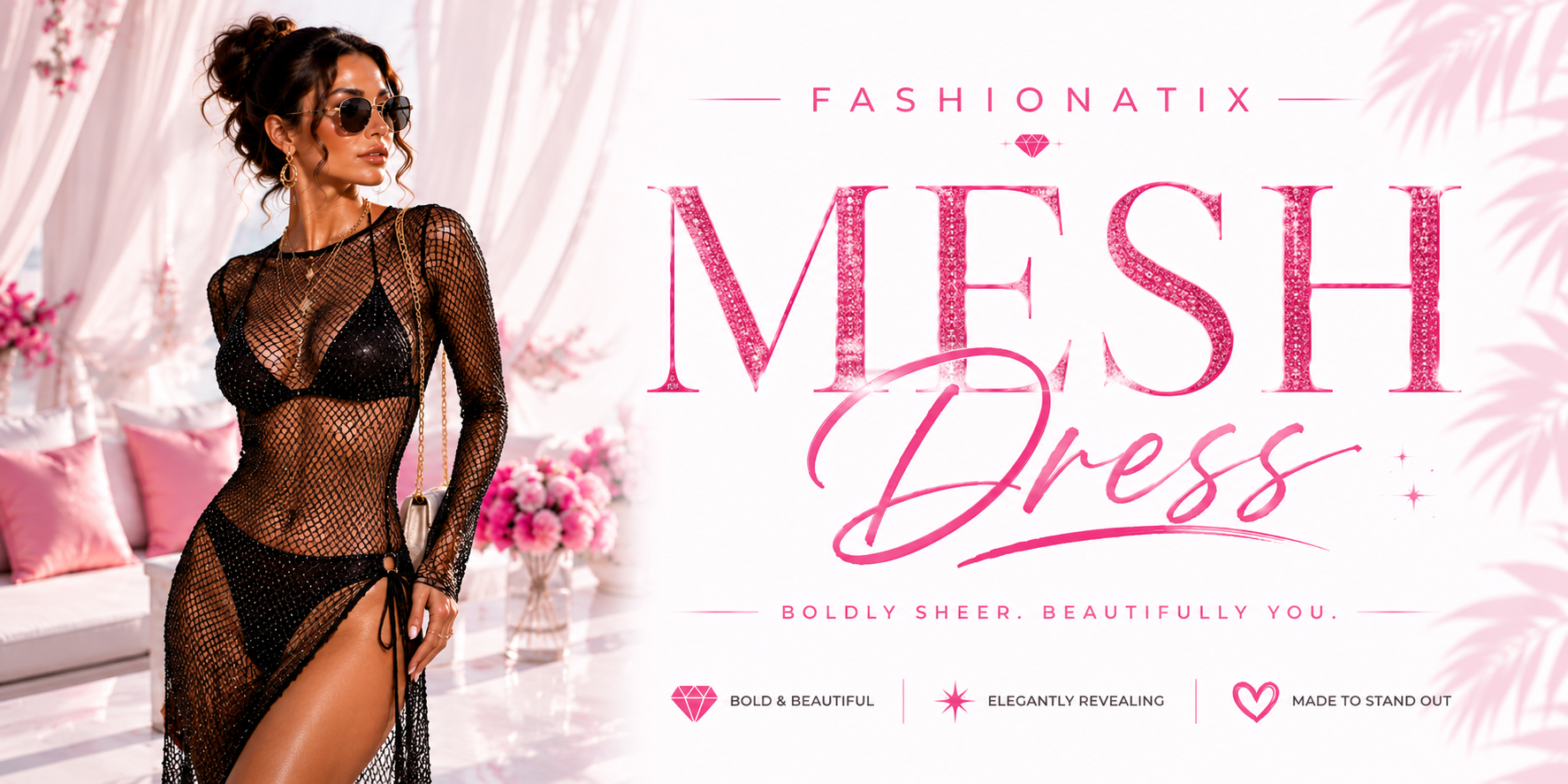 Fashionatix Mesh Dress collection banner with a model in a black mesh dress on a white and light pink luxury background