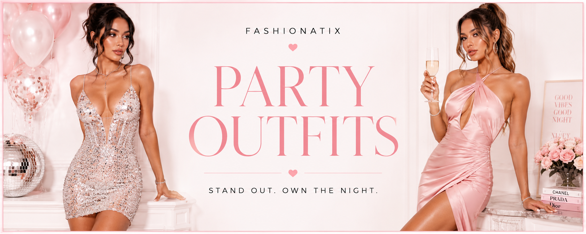 Fashionatix Party Outfits banner with two models wearing glamorous collection-inspired party dresses on a white and light pink background