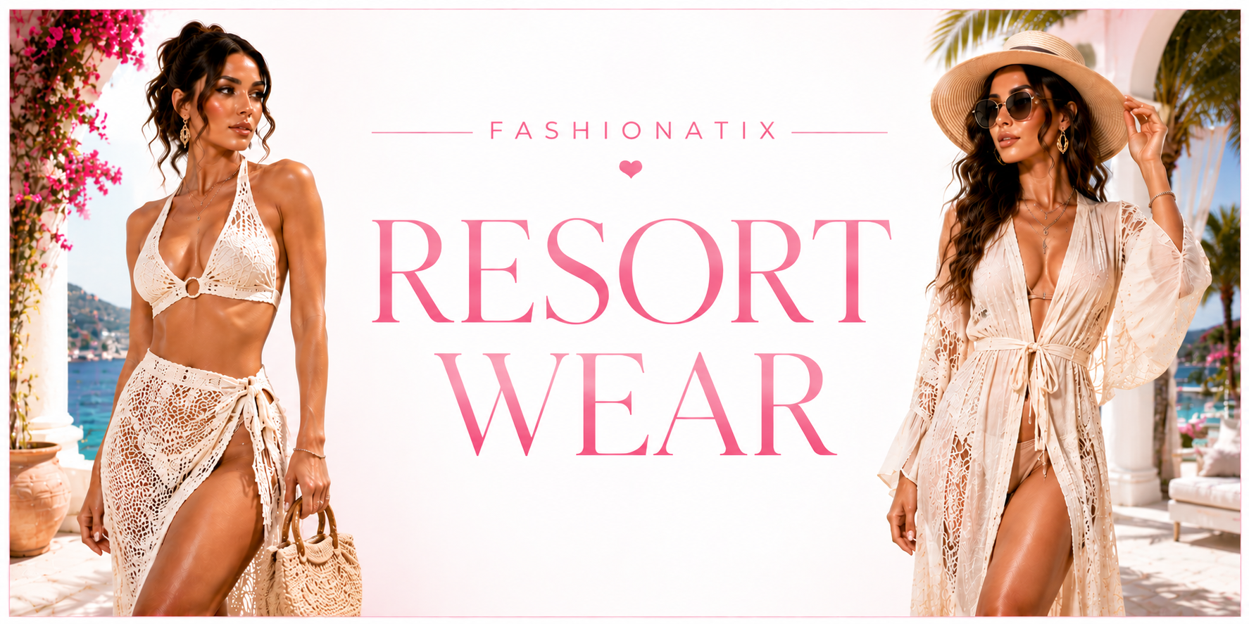 Fashionatix Resort Wear collection banner with two models in collection-inspired resort looks on a white and light pink background