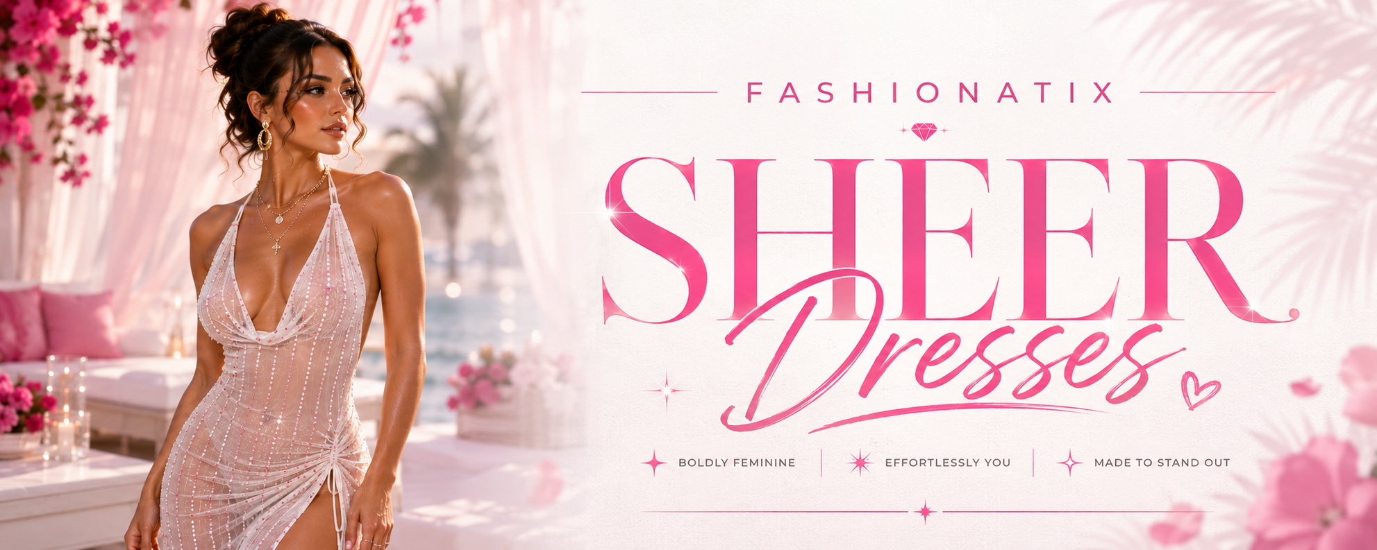 Fashionatix Sheer Dress collection banner with a model in a sheer embellished dress on a white and light pink luxury background