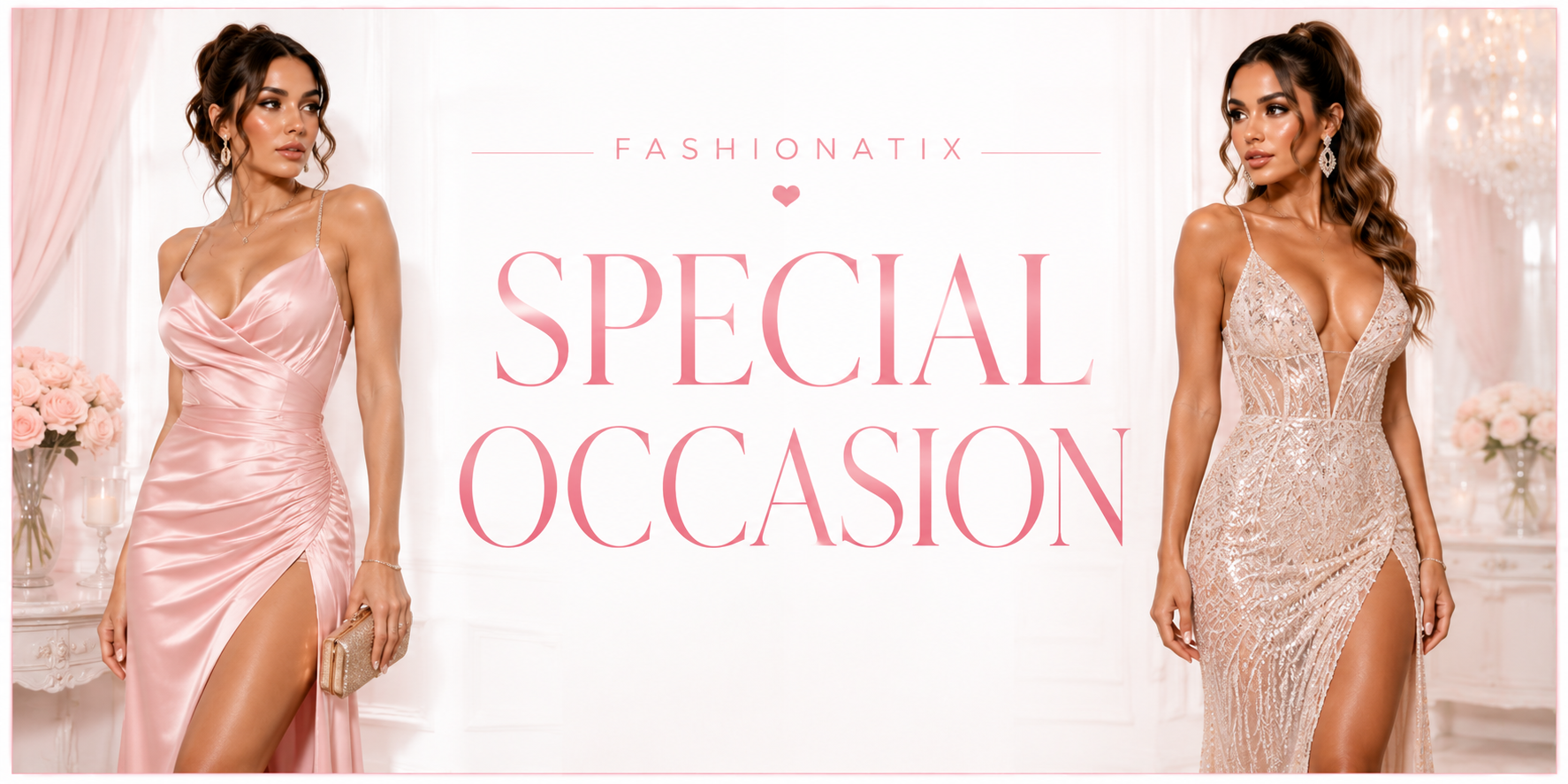 Fashionatix Special Occasion collection banner with two models in elegant formal gowns on a white and light pink background
