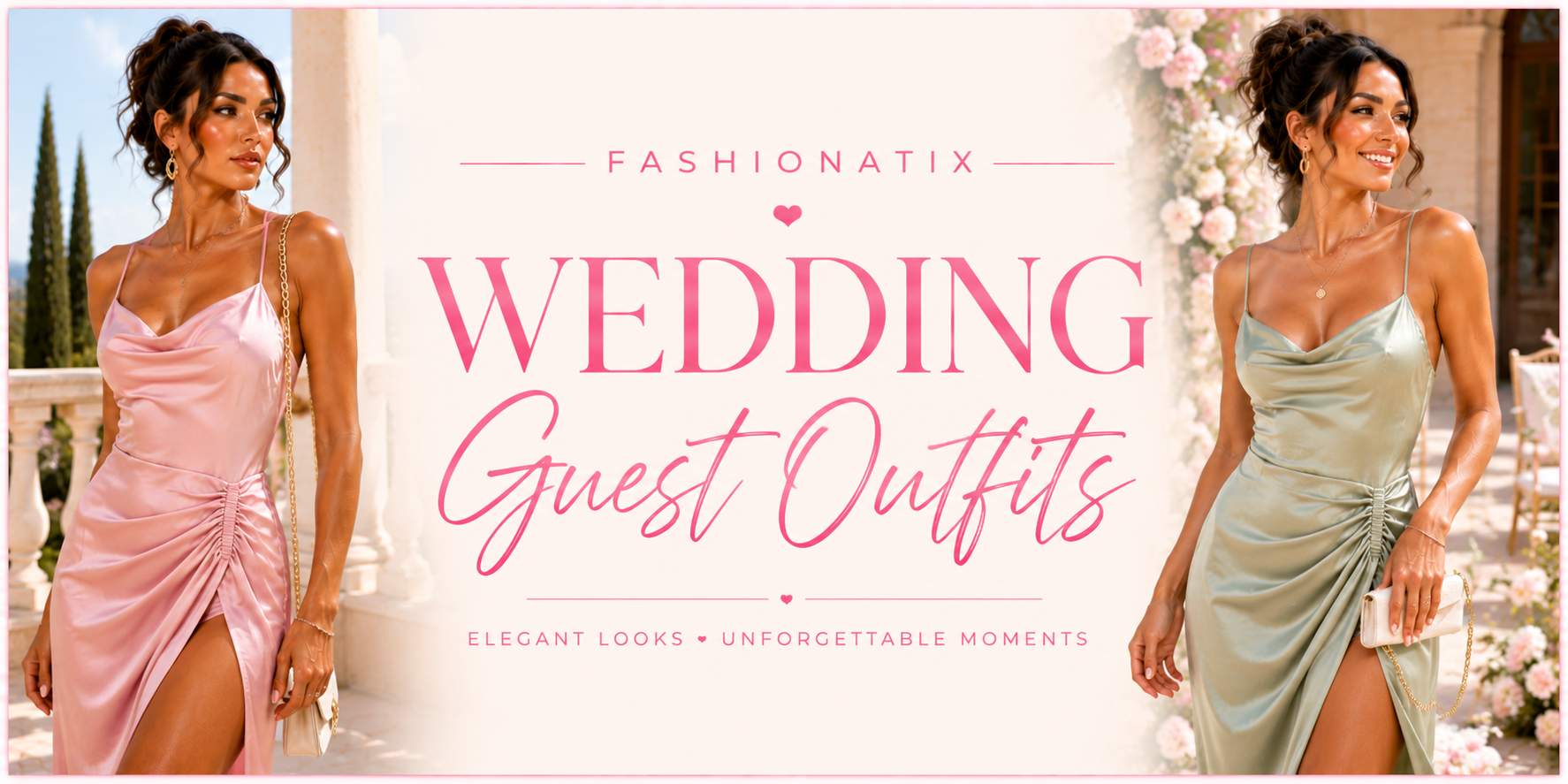 Fashionatix Wedding Guest Outfits collection banner with two models in elegant satin dresses on a white and light pink wedding terrace background