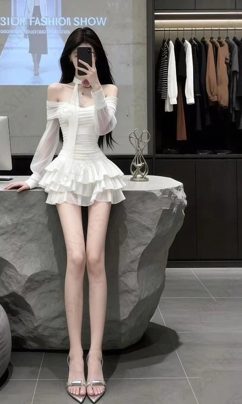 Blanka Sheer Long-Sleeve Tiered Ruffle Mini Dress
