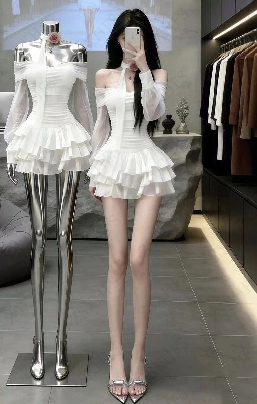 Blanka Sheer Long-Sleeve Tiered Ruffle Mini Dress