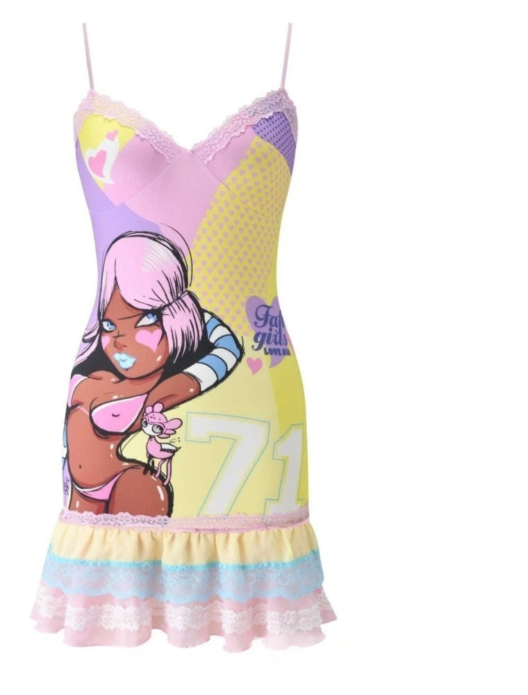 Paola Anime Graphic Lace-Trim Cami Bodycon Mini Dress