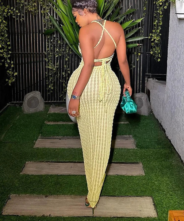 Magdalena Textured Halter Backless Bodycon Maxi Dress