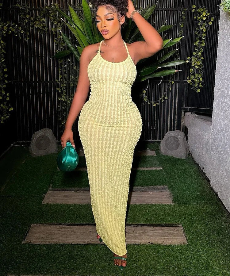 Magdalena Textured Halter Backless Bodycon Maxi Dress