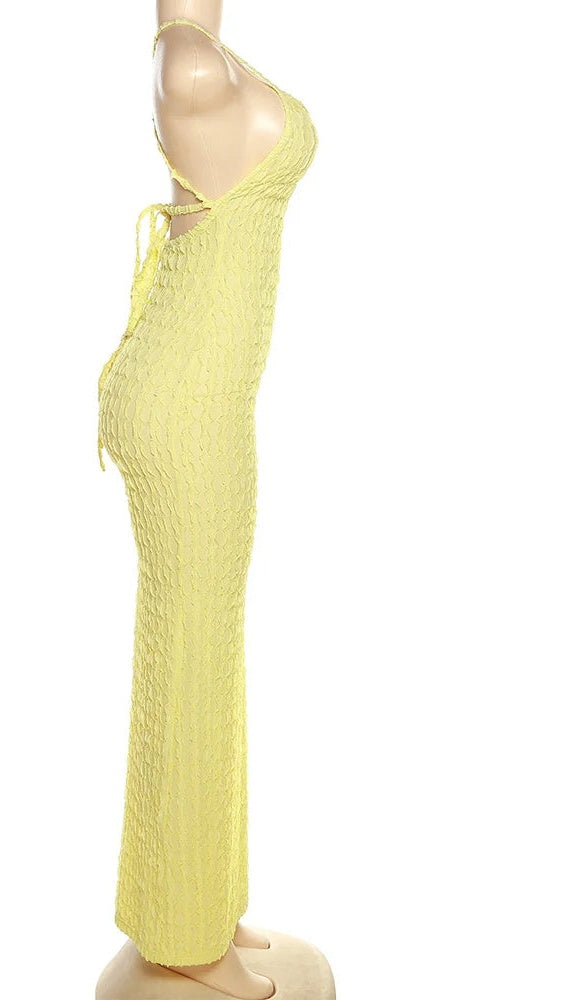 Magdalena Textured Halter Backless Bodycon Maxi Dress
