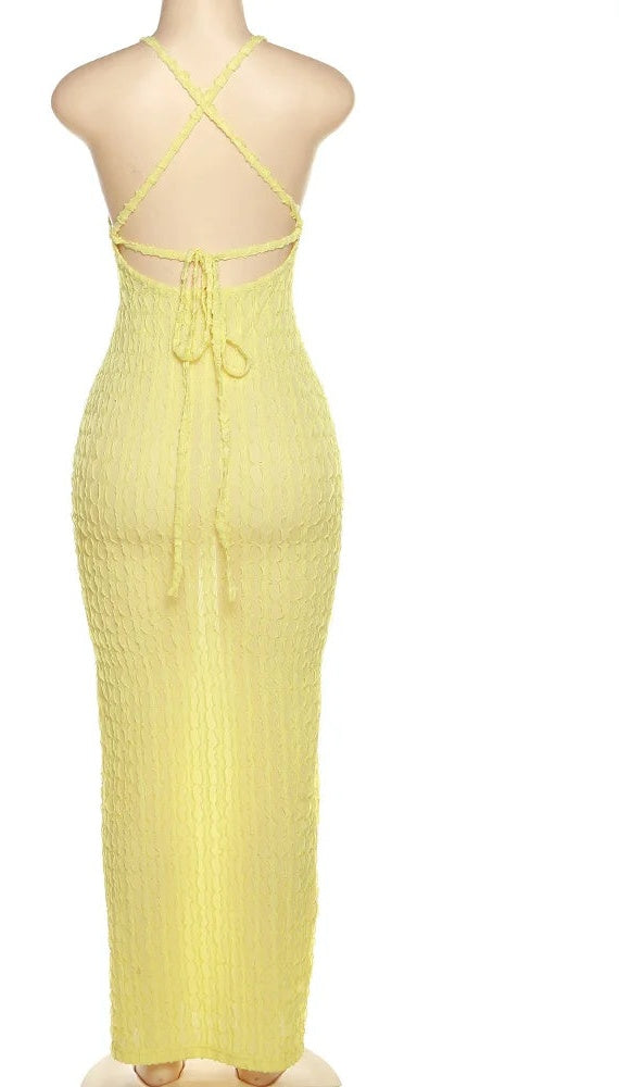 Magdalena Textured Halter Backless Bodycon Maxi Dress
