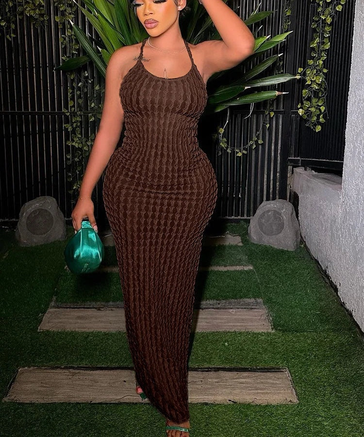Magdalena Textured Halter Backless Bodycon Maxi Dress