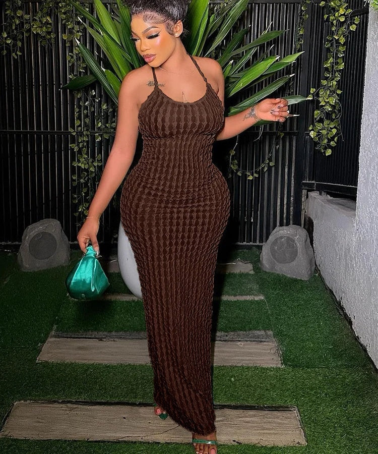 Magdalena Textured Halter Backless Bodycon Maxi Dress