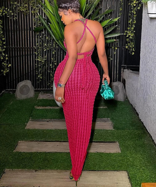Magdalena Textured Halter Backless Bodycon Maxi Dress
