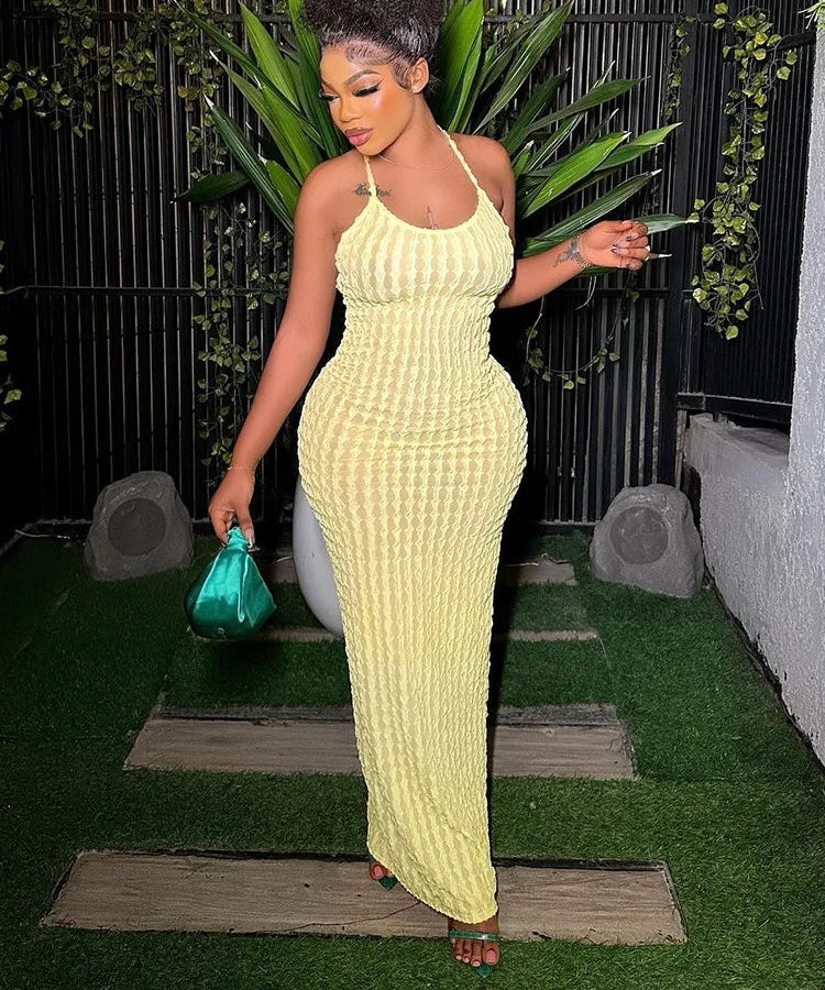 Magdalena Textured Halter Backless Bodycon Maxi Dress