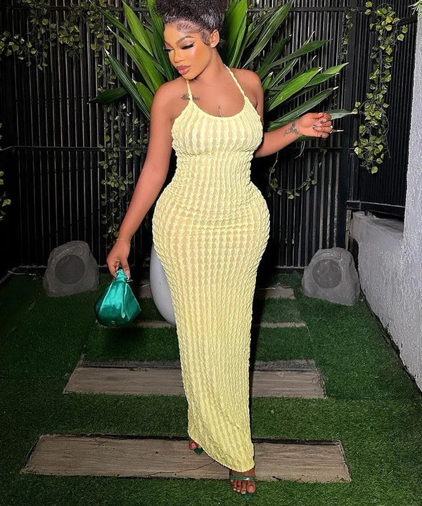 Magdalena Textured Halter Backless Bodycon Maxi Dress