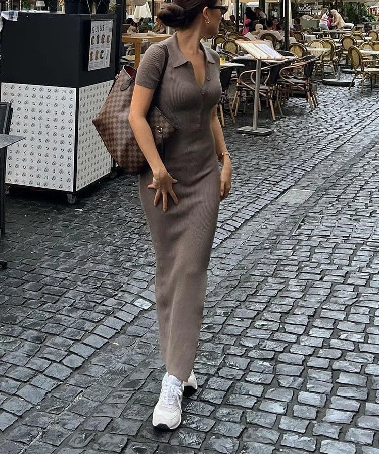 Svetla Polo-Collar Button-Front Ribbed Side-Slit Bodycon Dress