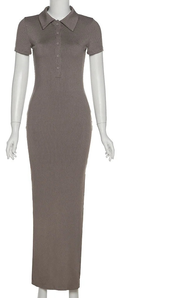 Svetla Polo-Collar Button-Front Ribbed Side-Slit Bodycon Dress