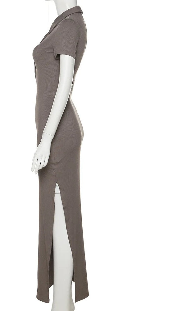 Svetla Polo-Collar Button-Front Ribbed Side-Slit Bodycon Dress