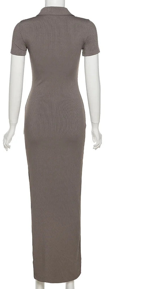 Svetla Polo-Collar Button-Front Ribbed Side-Slit Bodycon Dress