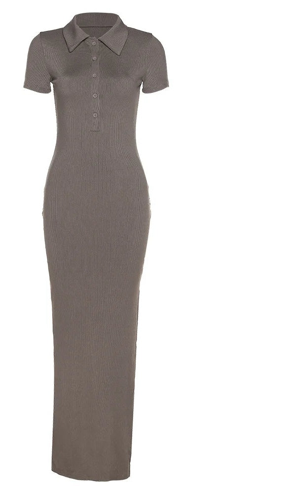 Svetla Polo-Collar Button-Front Ribbed Side-Slit Bodycon Dress