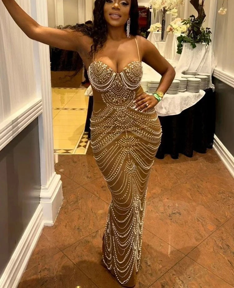 Costanza Pearl Rhinestone Draped Mesh Cami Maxi Gown