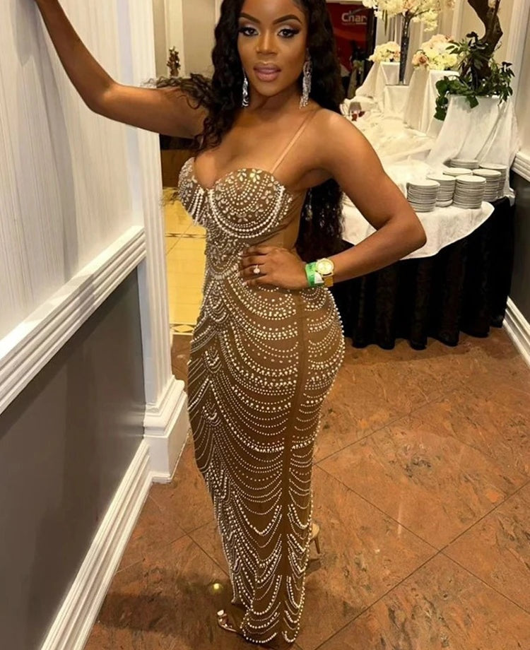 Costanza Pearl Rhinestone Draped Mesh Cami Maxi Gown