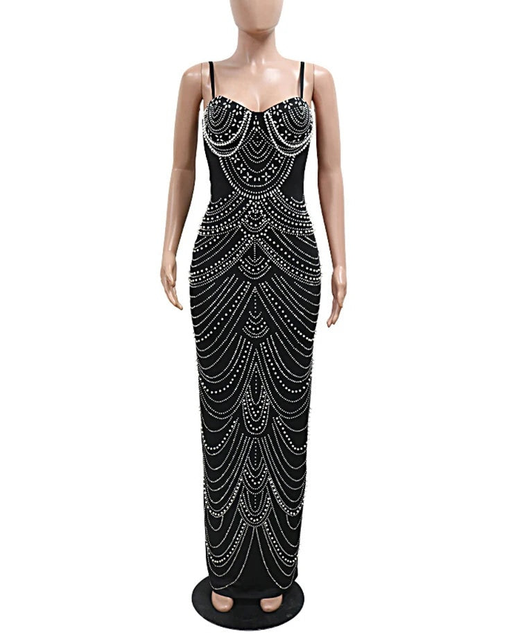 Costanza Pearl Rhinestone Draped Mesh Cami Maxi Gown