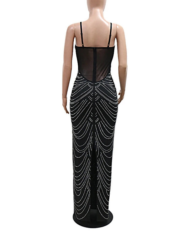 Costanza Pearl Rhinestone Draped Mesh Cami Maxi Gown
