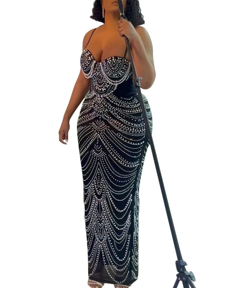 Costanza Pearl Rhinestone Draped Mesh Cami Maxi Gown