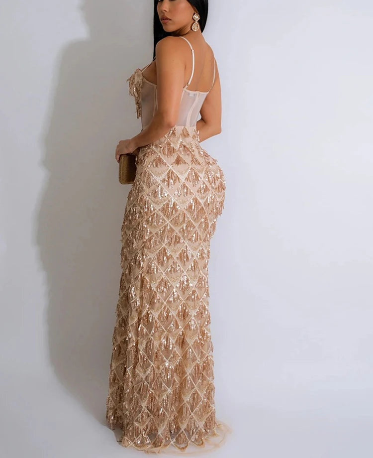 Marcelina Sequin Fringe Corset Mesh Mermaid Maxi Dress
