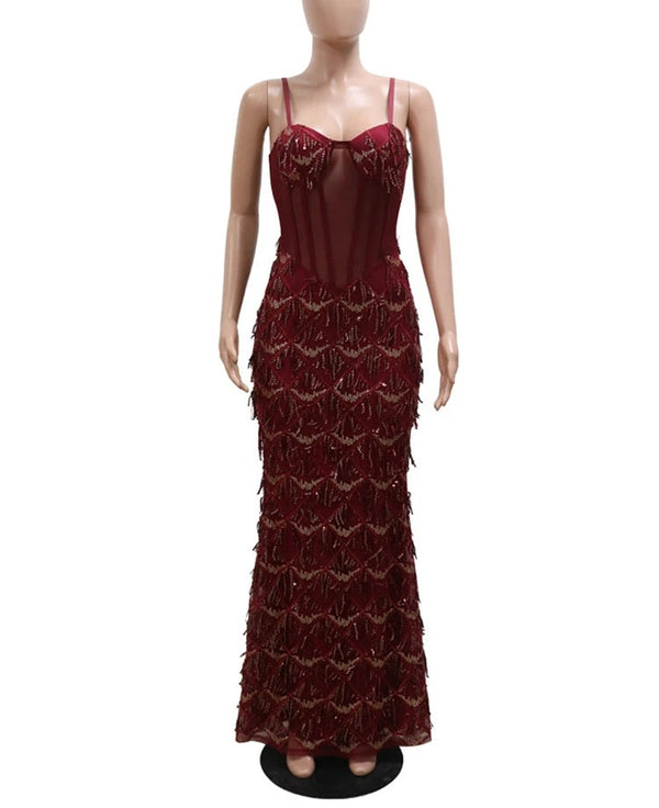 Marcelina Sequin Fringe Corset Mesh Mermaid Maxi Dress