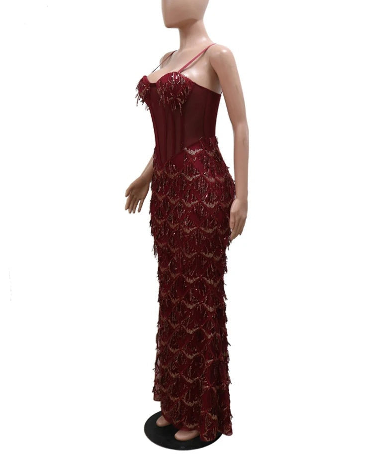 Marcelina Sequin Fringe Corset Mesh Mermaid Maxi Dress