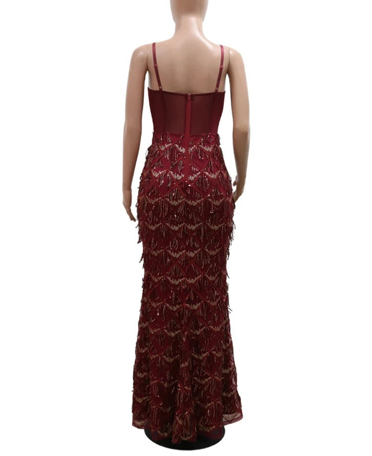 Marcelina Sequin Fringe Corset Mesh Mermaid Maxi Dress