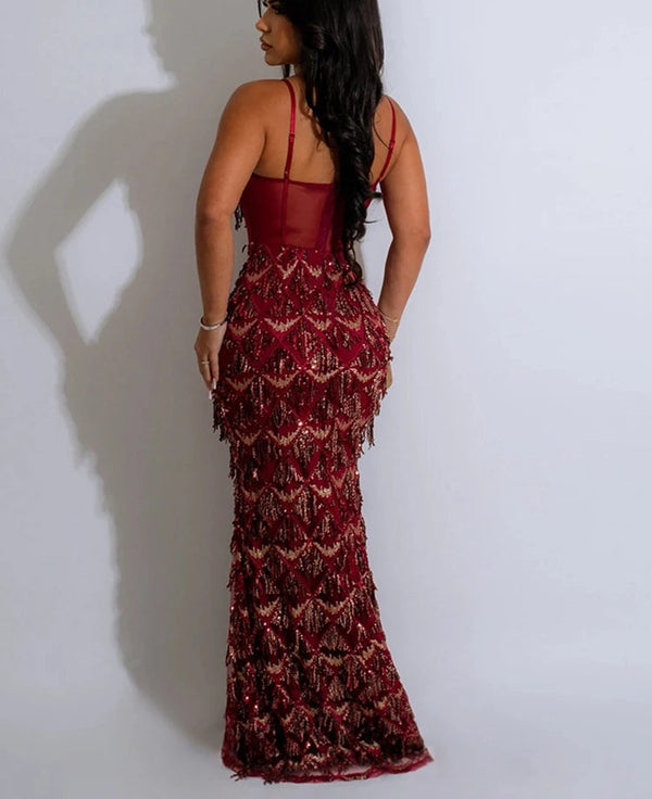 Marcelina Sequin Fringe Corset Mesh Mermaid Maxi Dress