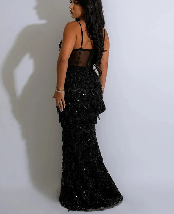 Marcelina Sequin Fringe Corset Mesh Mermaid Maxi Dress