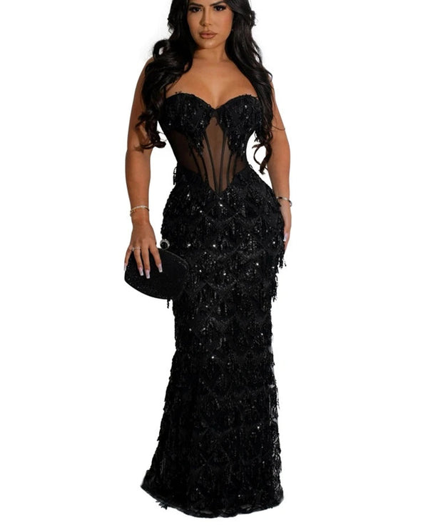 Marcelina Sequin Fringe Corset Mesh Mermaid Maxi Dress
