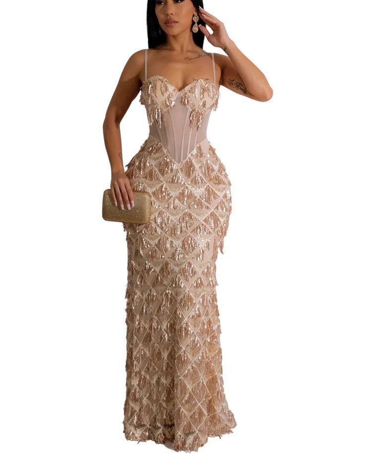 Marcelina Sequin Fringe Corset Mesh Mermaid Maxi Dress