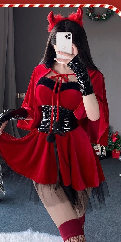 Lucinda Red Velvet Devil Costume Set with Cape, Corset Belt & Horns