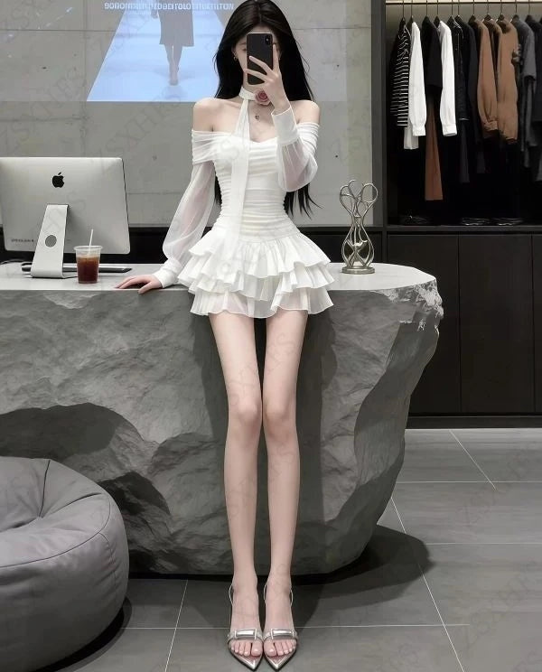Brielle Sheer Mesh Long-Sleeve Ruched Tiered Ruffle Mini Dress